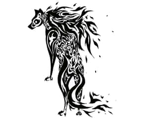 一隻帶有火焰和部落圖案的黑白插圖狼。 — 酷炫狼 壁紙