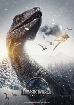 雪地森林中的大型恐龍，天空中有戰鬥機和飛行爬行動物。 — 侏羅紀世界：統霸天下 壁紙