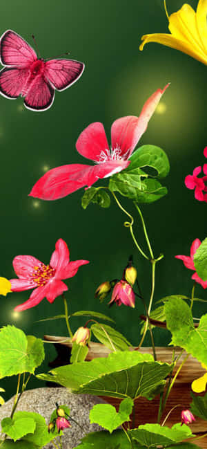 粉紅色蝴蝶在花園中色彩繽紛的花朵和綠葉附近盤旋。 — iPhone Air 壁紙