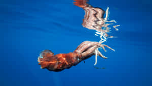一隻魷魚在水下游泳，倒影映在水面上。 — 章魚哥的觸手 壁紙