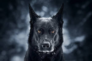 被雪覆蓋的黑狗在冬季風暴中直視觀眾。 — 德國狼犬 壁紙