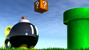 在Mario遊戲場景中，Goomba角色在綠色水管旁邊，有個浮動的問號方塊。 — 旁遮普國王 壁紙