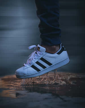夜晚在淺水中濺起水花的白色 adidas superstar 運動鞋。 — 4:5 壁紙