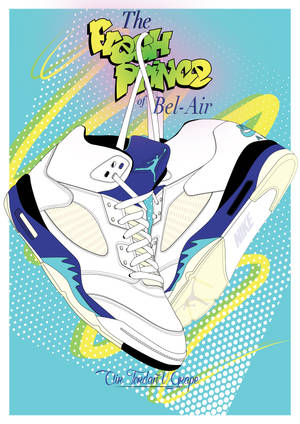 白色、藍色和藍綠色的Air Jordan 5運動鞋，帶有'The Fresh Prince of Bel-Air'文字，復古普普藝術風格。 — OnePlus Pad 4 壁紙