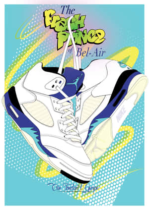 Air Jordan 5 Grape 運動鞋以普普藝術風格呈現，色彩和文字大膽。 — 美學 Mac 壁紙