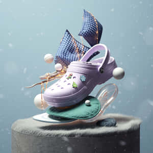 薰衣草色木屐鞋帶有節日別針，漂浮在雪中。 — Crocs 壁紙