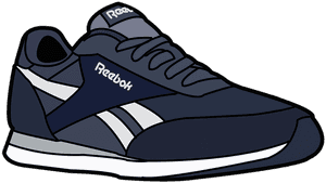 深藍色 Reebok 運動鞋，帶有白色條紋和鞋帶，在黑色背景上。