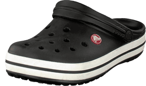 黑色Crocs木屐，帶白色條紋和紅色標誌