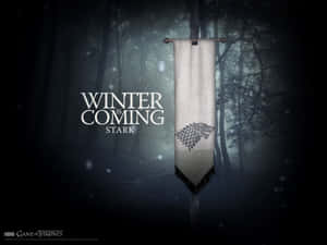 史塔克家族旗幟與冰原狼徽章，在雪林中配上 winter is coming 文字。 — 桌面 壁紙