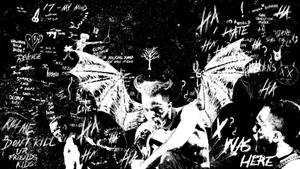 帶有惡魔翅膀和痛苦面孔的黑白塗鴉牆。 — Xxxtentacion 卡通 壁紙