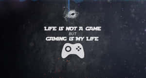 裂開牆壁上的文字寫著「Life is not a game but gaming is my life」，下方有一個控制器。 — 高畫質遊戲 壁紙