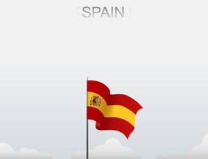 西班牙國旗在風中飄揚，背景是多雲的天空，上方有 SPAIN 字樣。 — 西班牙國旗 壁紙