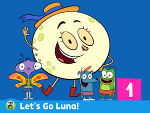 卡通月亮和三個朋友微笑，旁邊有一個粉紅色的一號方塊。 — Pbs Kids 壁紙