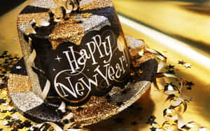 節日黑色和金色閃亮高頂禮帽，帶有Happy New Year文字，周圍環繞五彩紙屑。 — 慶祝 壁紙