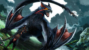 一名獵人在迷霧森林中面對一頭咆哮的紅翼黑龍。 — 魔物獵人 壁紙