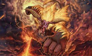 神話中的野獸，金色毛髮和角，在火山火焰和煙霧中咆哮。 — 魔物獵人 世界 壁紙