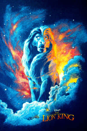 獅子王的身影從雲層中升起，下方是佈滿藍色和橙色火焰的星空宇宙天空。 — 可愛的動漫角色 壁紙