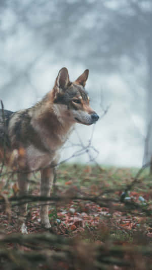 一頭狼站在迷霧森林中，周圍有落葉和光禿的樹枝。 — 野生動物 壁紙