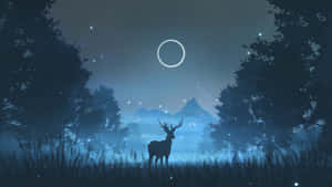 夜間迷霧森林中，在發光環狀月亮下的鹿剪影。 — 冬季風景 壁紙