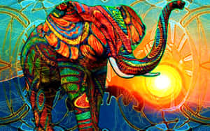 一頭色彩繽紛的迷幻大象，帶有漩渦圖案，背景是發光的太陽。 — 野生動物 壁紙