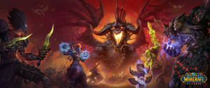戰士們在火焰奇幻場景中與巨大的惡魔龍戰鬥。 — 魔獸世界經典版 壁紙