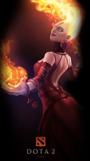 Dota 2角色莉娜，火紅頭髮，手中帶火，身穿紅色服裝。 — Pixel 3 壁紙