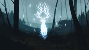 黑暗森林中一頭發光的魔法鹿，伴隨著漂浮的火花。 — 魔法森林 壁紙