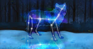 星狼站在雪地森林中，夜晚有發光的宇宙光跡。 — 魔法森林 壁紙