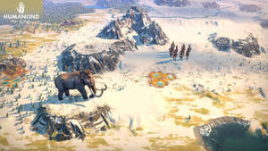 長毛猛獁象和騎馬獵人在雪覆蓋的史前景觀中。 — 黎明 壁紙