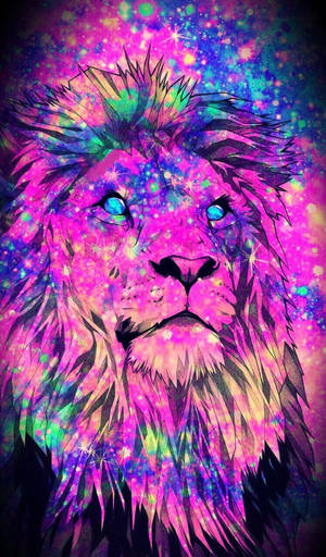 一頭獅子，擁有宇宙鬃毛和發光的眼睛，背景是星光燦爛的銀河。