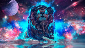 一頭擁有發光鬃毛的獅子，坐在星空星雲下的宇宙水域中。