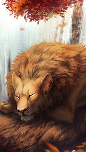 一隻在森林秋葉下睡覺的獅子。 — Marshmello iPhone 壁紙