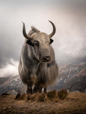 一頭長著彎角的白氂牛站在霧氣繚繞的山景中，位於長滿青草的山坡上。 — iPad Pro M4 壁紙