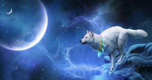 白狼在冰上，宇宙天空下，有發光的月亮和星雲。