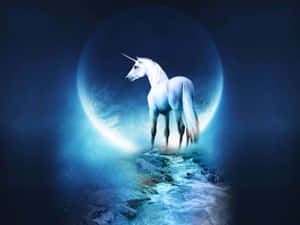 一頭發光的白色獨角獸站在星夜中的彎月前。 — 獨角獸 壁紙
