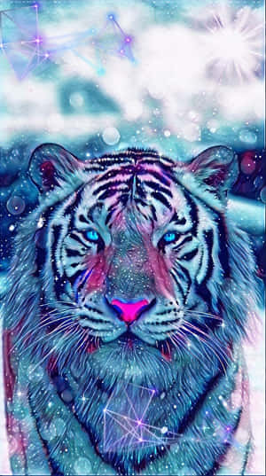 一頭白老虎，眼睛發出藍光，背景是星光燦爛的宇宙。 — 美女與野獸 壁紙