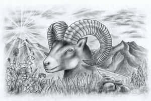 一幅詳細的鉛筆畫，描繪了山間草地上的一頭公羊和陽光爆發。 — 羊 壁紙