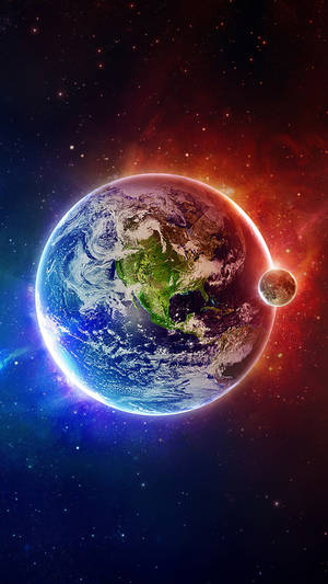 太空中的地球，帶有發光的星雲和一顆小月亮 — 4K 地球 壁紙