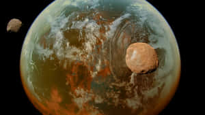 外星行星有橙色大陸和旋轉雲層，被兩顆小行星在太空中環繞。 — 火星 壁紙