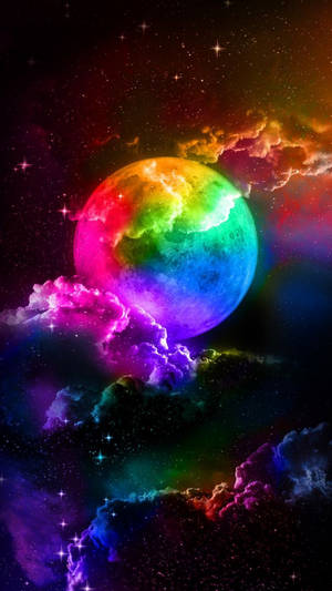 在深空中被發光雲層和星星環繞的彩色行星。 — 月光 壁紙