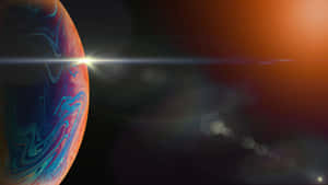 太空中一顆色彩繽紛的旋轉行星，帶有鏡頭光暈和星星 — 桌面美學 壁紙
