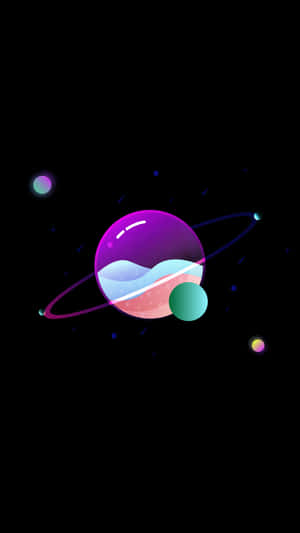 在繁星點點的太空場景中，一顆帶有光環和粉彩波浪的發光紫色行星。 — 酷炫iPhone 壁紙