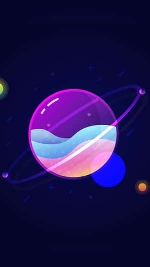 在黑暗的星空中，一顆帶有環和發光海洋的色彩繽紛的行星。 — 霓虹燈 壁紙