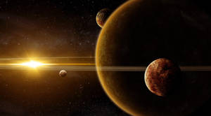 三顆行星圍繞一顆明亮的太陽運行，背景星空璀璨。
