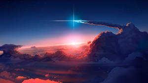 一顆發光的流星在繁星點點的暮色天空中，穿過色彩繽紛的雲層留下一道軌跡。 — 火箭人 壁紙