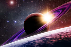 一顆環狀行星在星光燦爛的太空背景下，陽光照射閃耀。 — 美學天空 壁紙