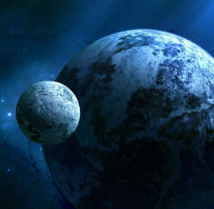 兩個冰凍天體在佈滿星辰的深藍色太空中運行。 — 星際效應 壁紙