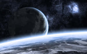 一顆巨大的行星在佈滿星星的太空場景中，從發光的地平線升起。 — 神力女超人 壁紙
