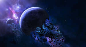 一顆被多彩星雲和小行星環繞的巨大行星，位於深空。 — 昏暗 壁紙