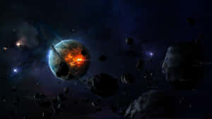 帶有光環的熾熱行星，被小行星和恆星環繞在深空之中。 — 昏暗 壁紙